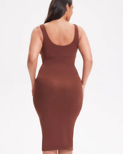 Rochie Modelatoare Cu Spate Decoltat in U , Compresie Medie Ptr Aplatizarea Abdomenului, Accentuaza Formele , Culoare Maro