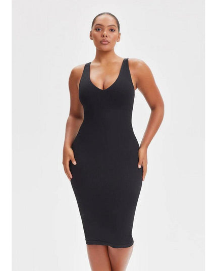 Rochie Modelatoare Decoltata , Compresie Medie Ptr Aplatizarea Abdomenului, Accentuaza Formele , Culoare Neagra