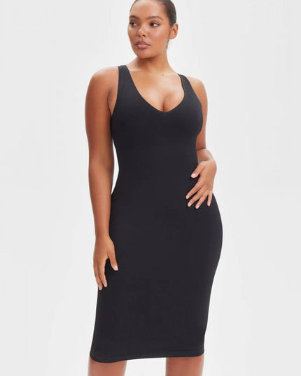 Rochie Modelatoare Decoltata , Compresie Medie Ptr Aplatizarea Abdomenului, Accentuaza Formele , Culoare Neagra