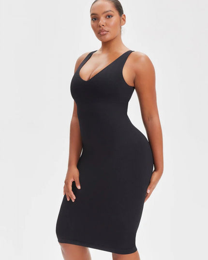 Rochie Modelatoare Decoltata , Compresie Medie Ptr Aplatizarea Abdomenului, Accentuaza Formele , Culoare Neagra