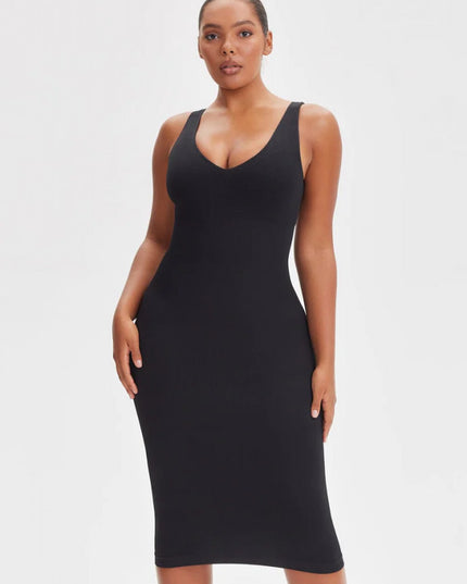 Rochie Modelatoare Decoltata , Compresie Medie Ptr Aplatizarea Abdomenului, Accentuaza Formele , Culoare Neagra