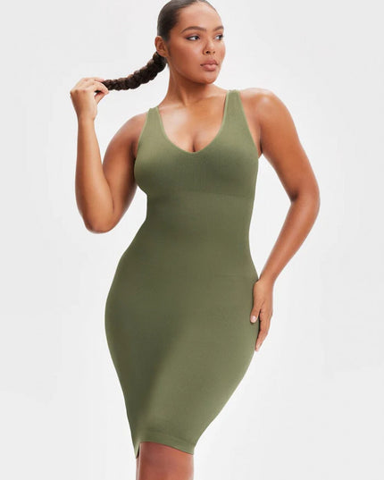 Rochie Modelatoare Decoltata , Compresie Medie Ptr Aplatizarea Abdomenului, Accentuaza Formele , Culoare Verde