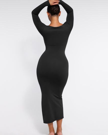 Rochie Modelatoare Neagra, Fara Cusaturi, Sustinere Bust, Control Abdomen, Crapatura Eleganta Design Slim Fit Material Elastic si Confortabil