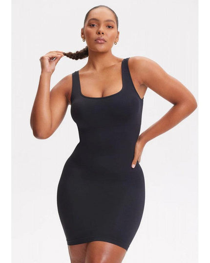 Rochie Modelatoare Scurta Cu Decoltau Patrat in Fata si Cu Spate Decoltat in U , Compresie Medie Ptr Aplatizarea Abdomenului , Culoare Neagra