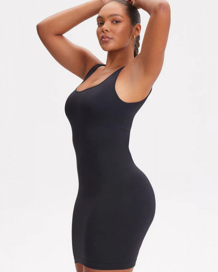 Rochie Modelatoare Scurta Cu Decoltau Patrat in Fata si Cu Spate Decoltat in U , Compresie Medie Ptr Aplatizarea Abdomenului , Culoare Neagra