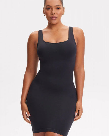 Rochie Modelatoare Scurta Cu Decoltau Patrat in Fata si Cu Spate Decoltat in U , Compresie Medie Ptr Aplatizarea Abdomenului , Culoare Neagra