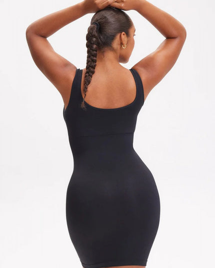 Rochie Modelatoare Scurta Cu Decoltau Patrat in Fata si Cu Spate Decoltat in U , Compresie Medie Ptr Aplatizarea Abdomenului , Culoare Neagra