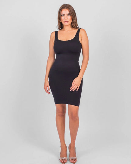 Rochie Modelatoare Scurta Cu Decoltau Patrat in Fata si Cu Spate Decoltat in U , Compresie Medie Ptr Aplatizarea Abdomenului , Culoare Neagra