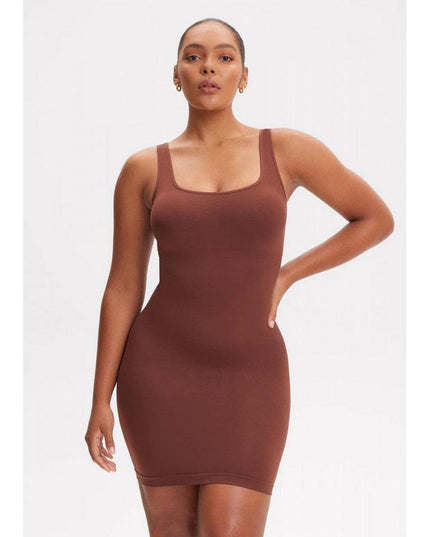 Rochie Modelatoare Scurta Cu Decoltau Patrat in Fata si Cu Spate Decoltat in U , Compresie Medie Ptr Aplatizarea Abdomenului , Culoare Maro