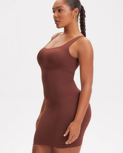 Rochie Modelatoare Scurta Cu Decoltau Patrat in Fata si Cu Spate Decoltat in U , Compresie Medie Ptr Aplatizarea Abdomenului , Culoare Maro