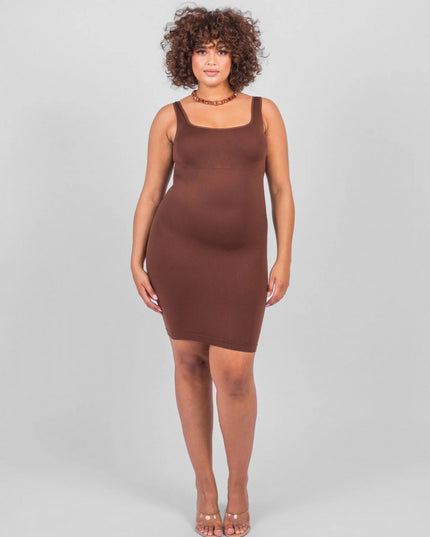 Rochie Modelatoare Scurta Cu Decoltau Patrat in Fata si Cu Spate Decoltat in U , Compresie Medie Ptr Aplatizarea Abdomenului , Culoare Maro