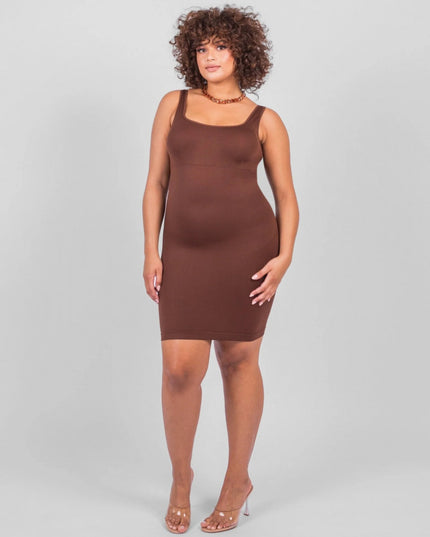 Rochie Modelatoare Scurta Cu Decoltau Patrat in Fata si Cu Spate Decoltat in U , Compresie Medie Ptr Aplatizarea Abdomenului , Culoare Maro