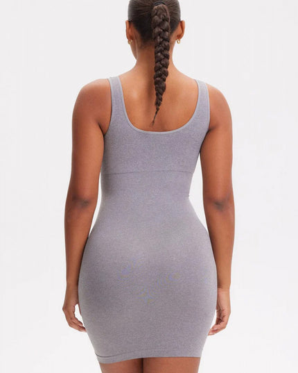 Rochie Modelatoare Scurta Cu Decoltau Patrat in Fata si Cu Spate Decoltat in U , Compresie Medie Ptr Aplatizarea Abdomenului , Culoare Gri