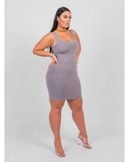 Rochie Modelatoare Scurta Cu Decoltau Patrat in Fata si Cu Spate Decoltat in U , Compresie Medie Ptr Aplatizarea Abdomenului , Culoare Gri