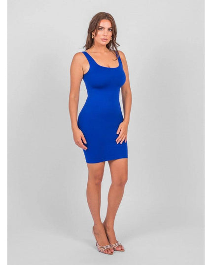 Rochie Modelatoare Scurta Cu Decoltau Patrat in Fata si Cu Spate Decoltat in U , Compresie Medie Ptr un Abdomen Strâns , Culoare Albastru