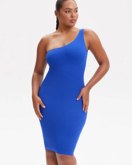 Rochie Modelatoare Scurta Cu Rochie decupată pe un umăr, rochie fără mâneci, Compresie Medie Ptr un Abdomen Strâns , Culoare Albastru