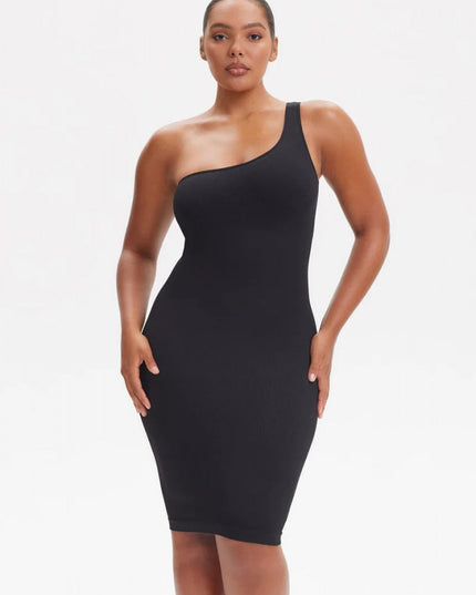 Rochie Modelatoare Scurta Cu Rochie decupată pe un umăr, rochie fără mâneci, Compresie Medie Ptr un Abdomen Strâns , Culoare Neagra