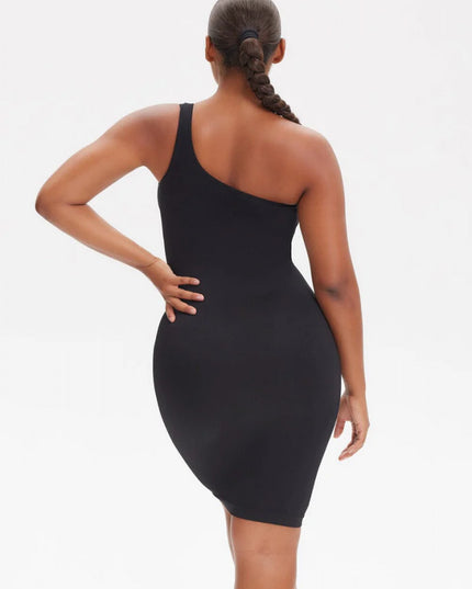 Rochie Modelatoare Scurta Cu Rochie decupată pe un umăr, rochie fără mâneci, Compresie Medie Ptr un Abdomen Strâns , Culoare Neagra
