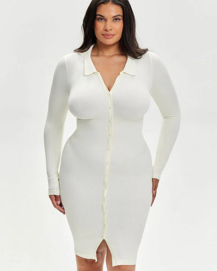Rochie Modelatoare Versatila Model Camasa Office, Retro, Casual Cu Maneci Lungi ,Care Ofera si o Compresie Bunicica , Culoare Alb