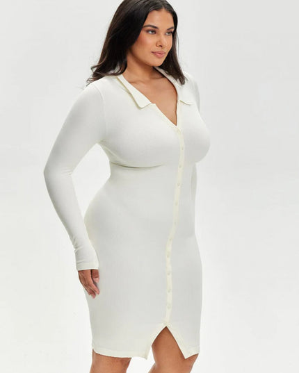 Rochie Modelatoare Versatila Model Camasa Office, Retro, Casual Cu Maneci Lungi ,Care Ofera si o Compresie Bunicica , Culoare Alb