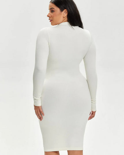 Rochie Modelatoare Versatila Model Camasa Office, Retro, Casual Cu Maneci Lungi ,Care Ofera si o Compresie Bunicica , Culoare Alb