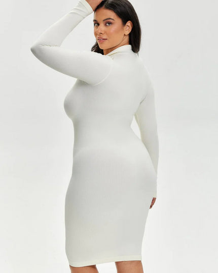 Rochie Modelatoare Versatila Model Camasa Office, Retro, Casual Cu Maneci Lungi ,Care Ofera si o Compresie Bunicica , Culoare Alb
