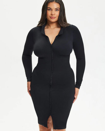 Rochie Modelatoare Versatila Model Camasa Office, Retro, Casual Cu Maneci Lungi ,Care Ofera si o Compresie Bunicica , Culoare Negru