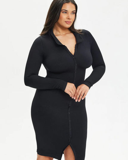 Rochie Modelatoare Versatila Model Camasa Office, Retro, Casual Cu Maneci Lungi ,Care Ofera si o Compresie Bunicica , Culoare Negru