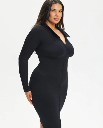 Rochie Modelatoare Versatila Model Camasa Office, Retro, Casual Cu Maneci Lungi ,Care Ofera si o Compresie Bunicica , Culoare Negru