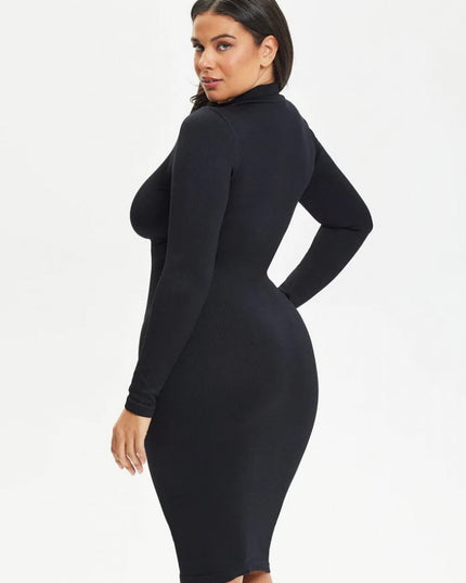 Rochie Modelatoare Versatila Model Camasa Office, Retro, Casual Cu Maneci Lungi ,Care Ofera si o Compresie Bunicica , Culoare Negru
