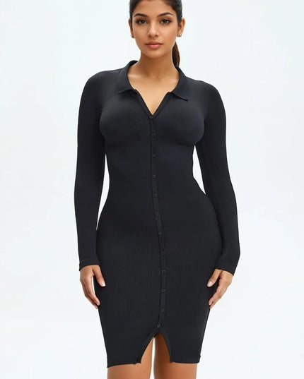 Rochie Modelatoare Versatila Model Camasa Office, Retro, Casual Cu Maneci Lungi ,Care Ofera si o Compresie Bunicica , Culoare Negru