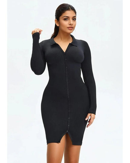 Rochie Modelatoare Versatila Model Camasa Office, Retro, Casual Cu Maneci Lungi ,Care Ofera si o Compresie Bunicica , Culoare Negru
