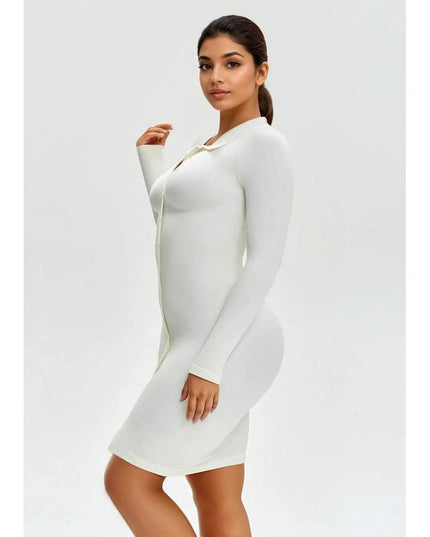 Rochie Modelatoare Versatila Model Camasa Office, Retro, Casual Cu Maneci Lungi ,Care Ofera si o Compresie Bunicica , Culoare Alb