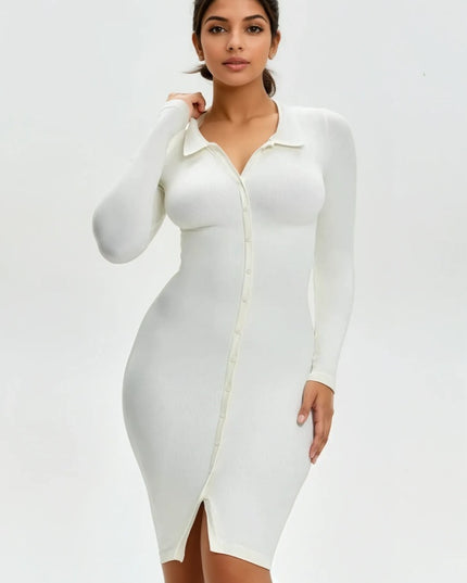 Rochie Modelatoare Versatila Model Camasa Office, Retro, Casual Cu Maneci Lungi ,Care Ofera si o Compresie Bunicica , Culoare Alb