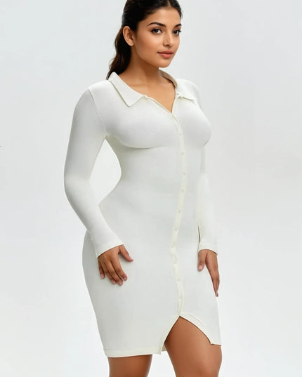Rochie Modelatoare Versatila Model Camasa Office, Retro, Casual Cu Maneci Lungi ,Care Ofera si o Compresie Bunicica , Culoare Alb