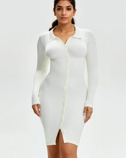 Rochie Modelatoare Versatila Model Camasa Office, Retro, Casual Cu Maneci Lungi ,Care Ofera si o Compresie Bunicica , Culoare Alb