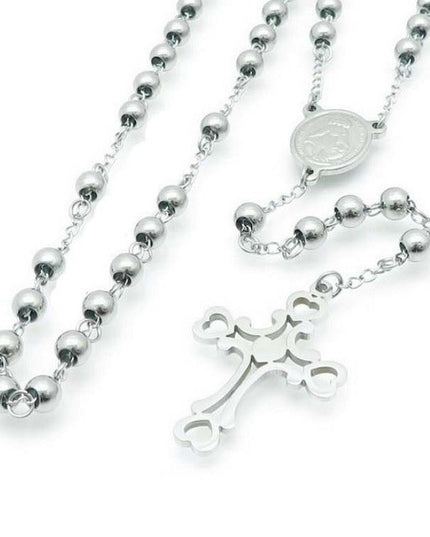 Rozariu Barbati Inox, Argintiu, Cruce Religioasa, Lant Si Margele, Model Elegant Si Rezistent