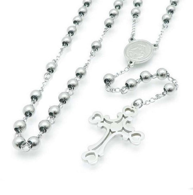 Rozariu Barbati Inox, Argintiu, Cruce Religioasa, Lant Si Margele, Model Elegant Si Rezistent