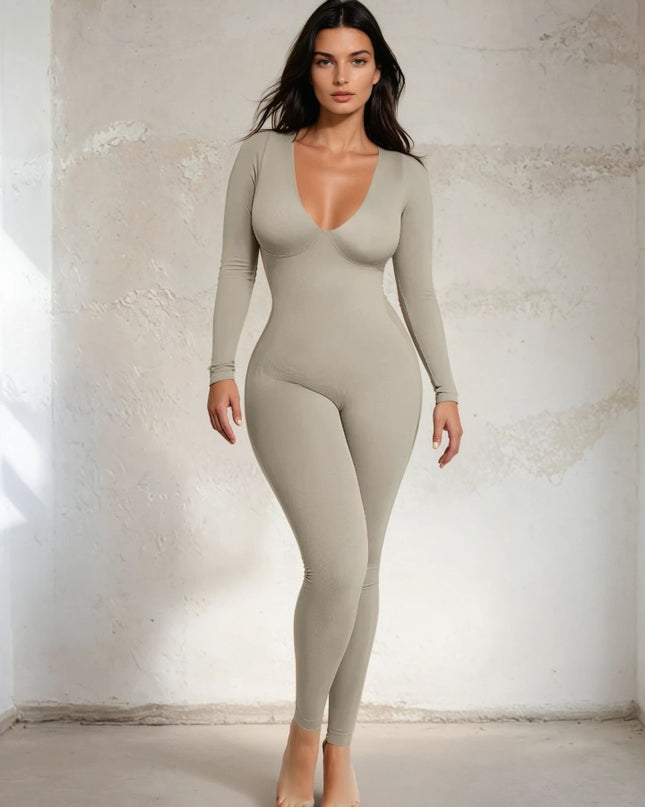 Salopeta Modelatoare Full Body Gri, Decolteu Adanc, Control Abdomen, Maneci Lungi, Picior Lung Fara Cusaturi Compresie 360° pentru Silueta Sculptata