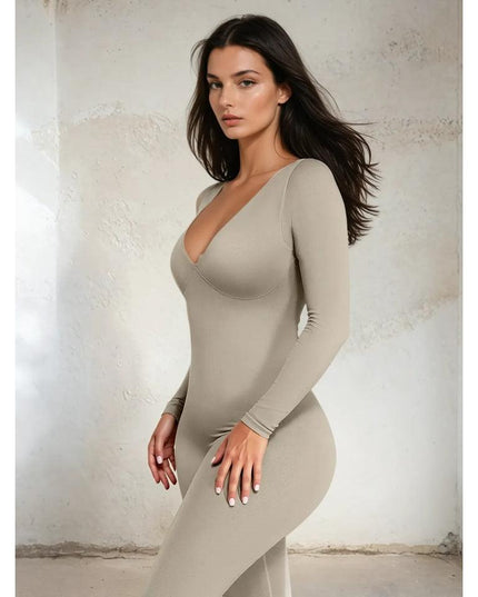 Salopeta Modelatoare Full Body Gri, Decolteu Adanc, Control Abdomen, Maneci Lungi, Picior Lung Fara Cusaturi Compresie 360° pentru Silueta Sculptata