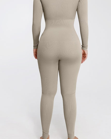 Salopeta Modelatoare Full Body Gri, Decolteu Adanc, Control Abdomen, Maneci Lungi, Picior Lung Fara Cusaturi Compresie 360° pentru Silueta Sculptata