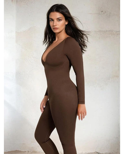 Salopeta Modelatoare Full Body Maro, Decolteu Adanc, Control Abdomen, Maneci Lungi, Picior Lung Fara Cusaturi Compresie 360° pentru Silueta