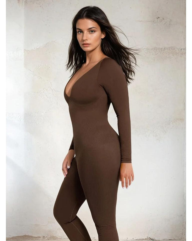 Salopeta Modelatoare Full Body Maro, Decolteu Adanc, Control Abdomen, Maneci Lungi, Picior Lung Fara Cusaturi Compresie 360° pentru Silueta