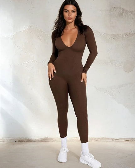 Salopeta Modelatoare Full Body Maro, Decolteu Adanc, Control Abdomen, Maneci Lungi, Picior Lung Fara Cusaturi Compresie 360° pentru Silueta