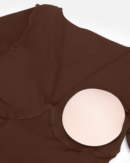 Salopeta Modelatoare Full Body Maro, Decolteu Adanc, Control Abdomen, Maneci Lungi, Picior Lung Fara Cusaturi Compresie 360° pentru Silueta