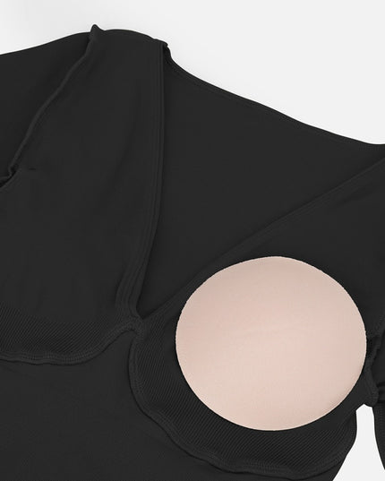 Salopeta Modelatoare Full Body Neagra, Decolteu Adanc, Control Abdomen, Maneci Lungi, Picior Lung Fara Cusaturi Compresie 360° pentru Silueta