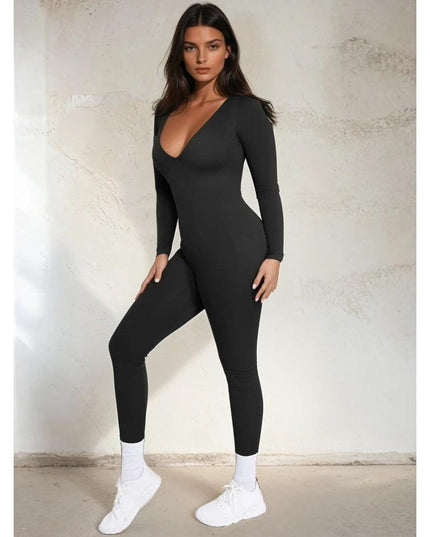 Salopeta Modelatoare Full Body Neagra, Decolteu Adanc, Control Abdomen, Maneci Lungi, Picior Lung Fara Cusaturi Compresie 360° pentru Silueta