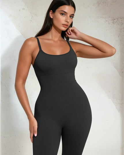 Salopeta Neagra Seamless cu Bretele Subtiri Reglabile și Susținere Abdominală – Modelatoare si Comfort Fit ptr Sala