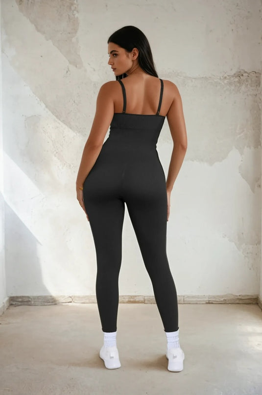 Salopeta Neagra Seamless cu Bretele Subtiri Reglabile și Susținere Abdominală – Modelatoare si Comfort Fit ptr Sala
