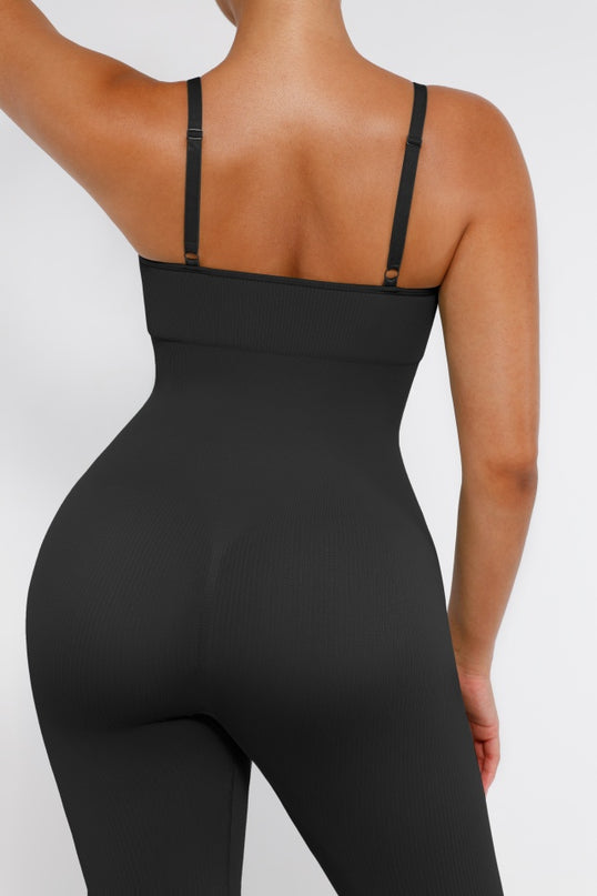 Salopeta Neagra Seamless cu Bretele Subtiri Reglabile și Susținere Abdominală – Modelatoare si Comfort Fit ptr Sala
